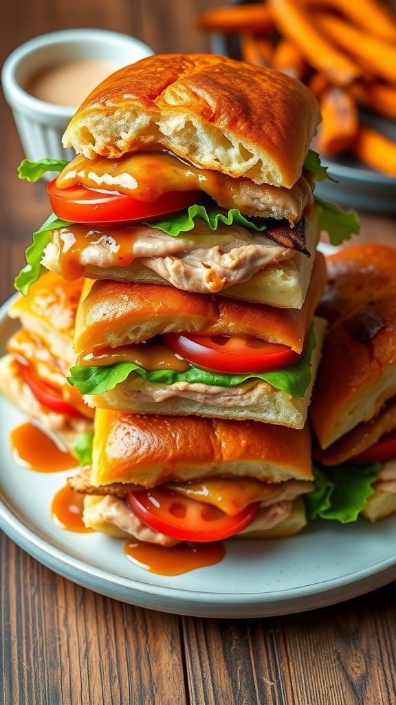 Juicy Turkey Sliders with Tangy Sauce Juicy turkey sliders with lettuce and tomato on a wooden plate, served with sweet potato fries.